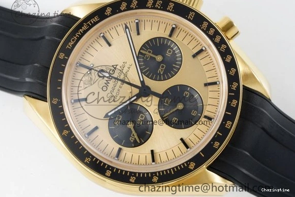 0421 TimelessDesign Speedmaster Moonwatch in Moonshine Gold YG RMF Best Edition YG Dial on Black Rubber Strap Manual Chrono 7834